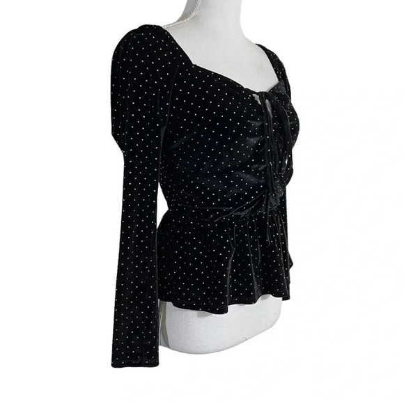 Aqua Black Velour Peplum Blouse Size XS Gold Studs Keyhole Long Sleeves Cocktail - Picture 3 of 8
